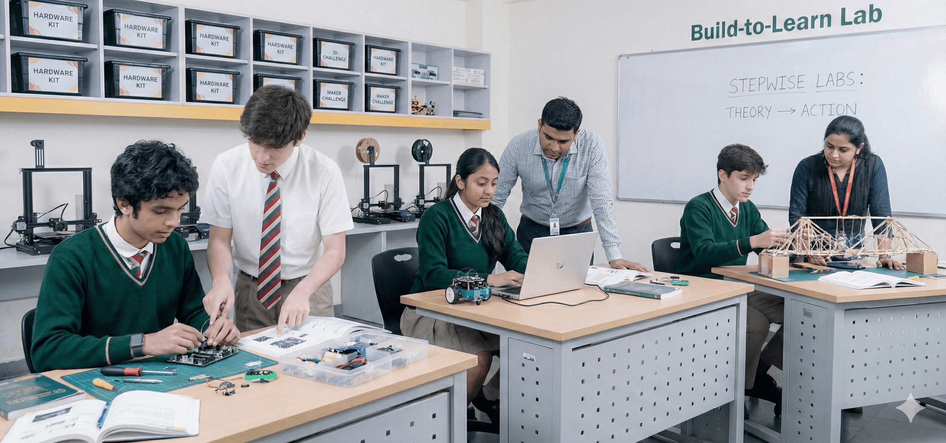 Students building hands-on electronics and maker lab prototypes