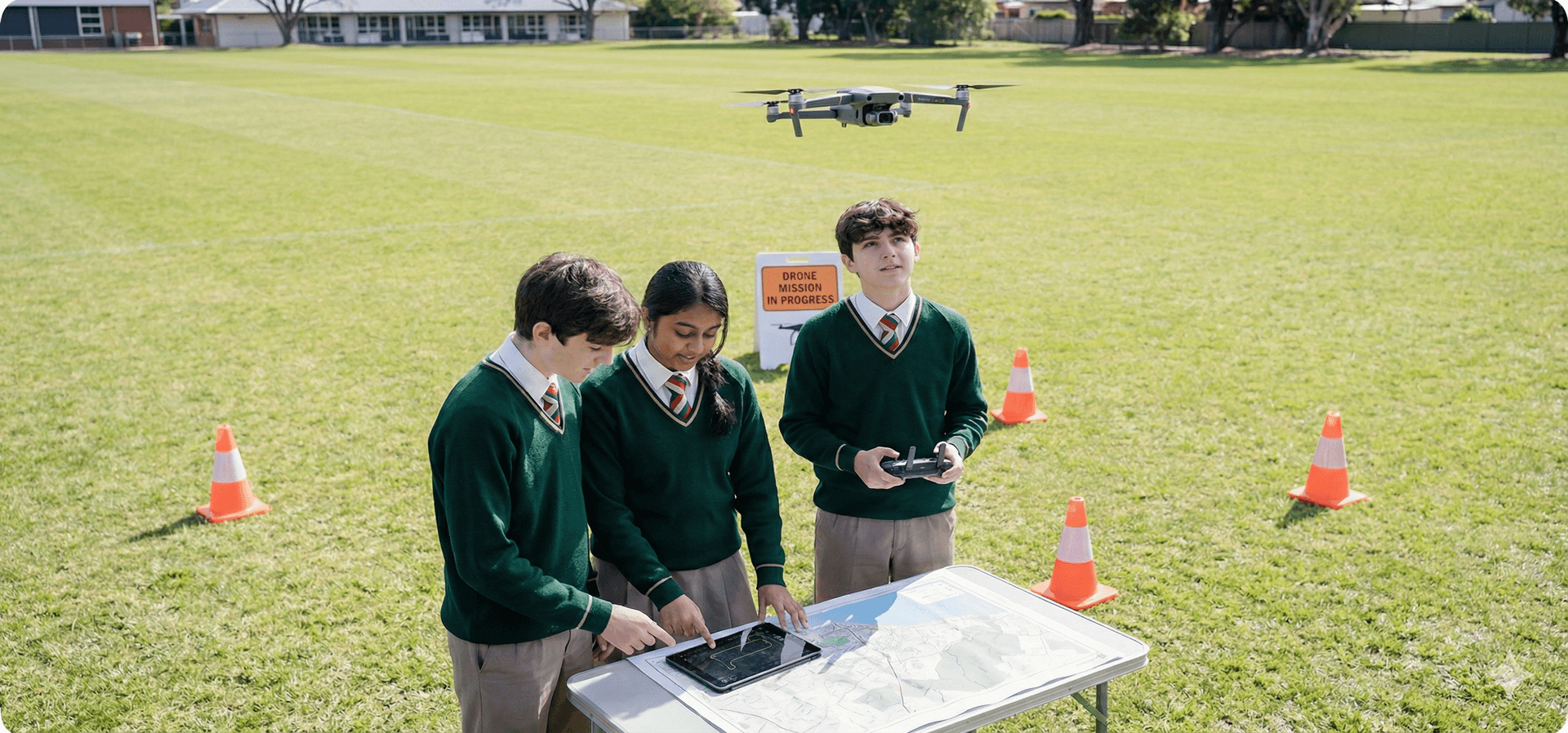Students planning and reviewing drone mission work